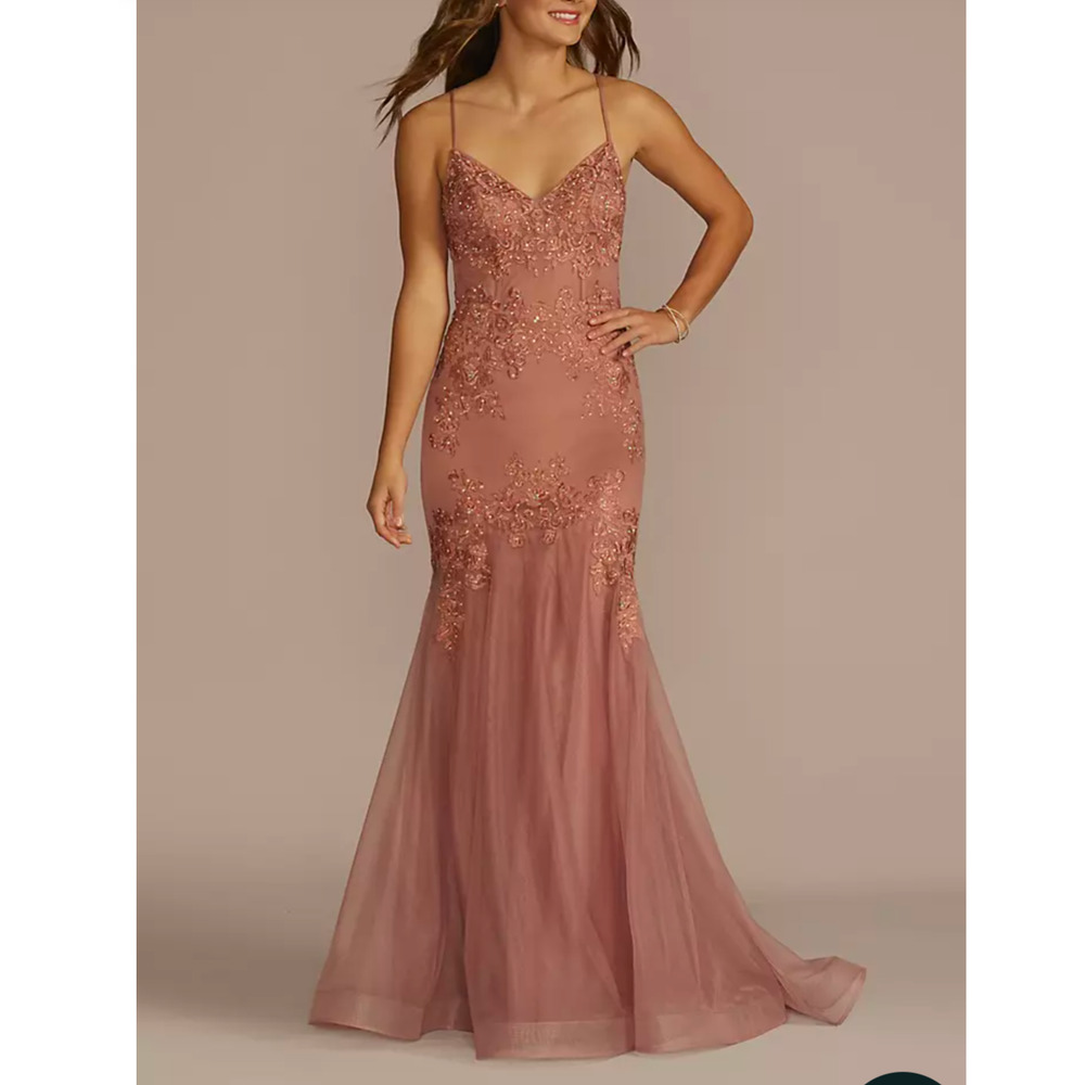 NWT Blondie NitesEmbroidered Embellished Mermaid Trumpet Dress Rose size 10